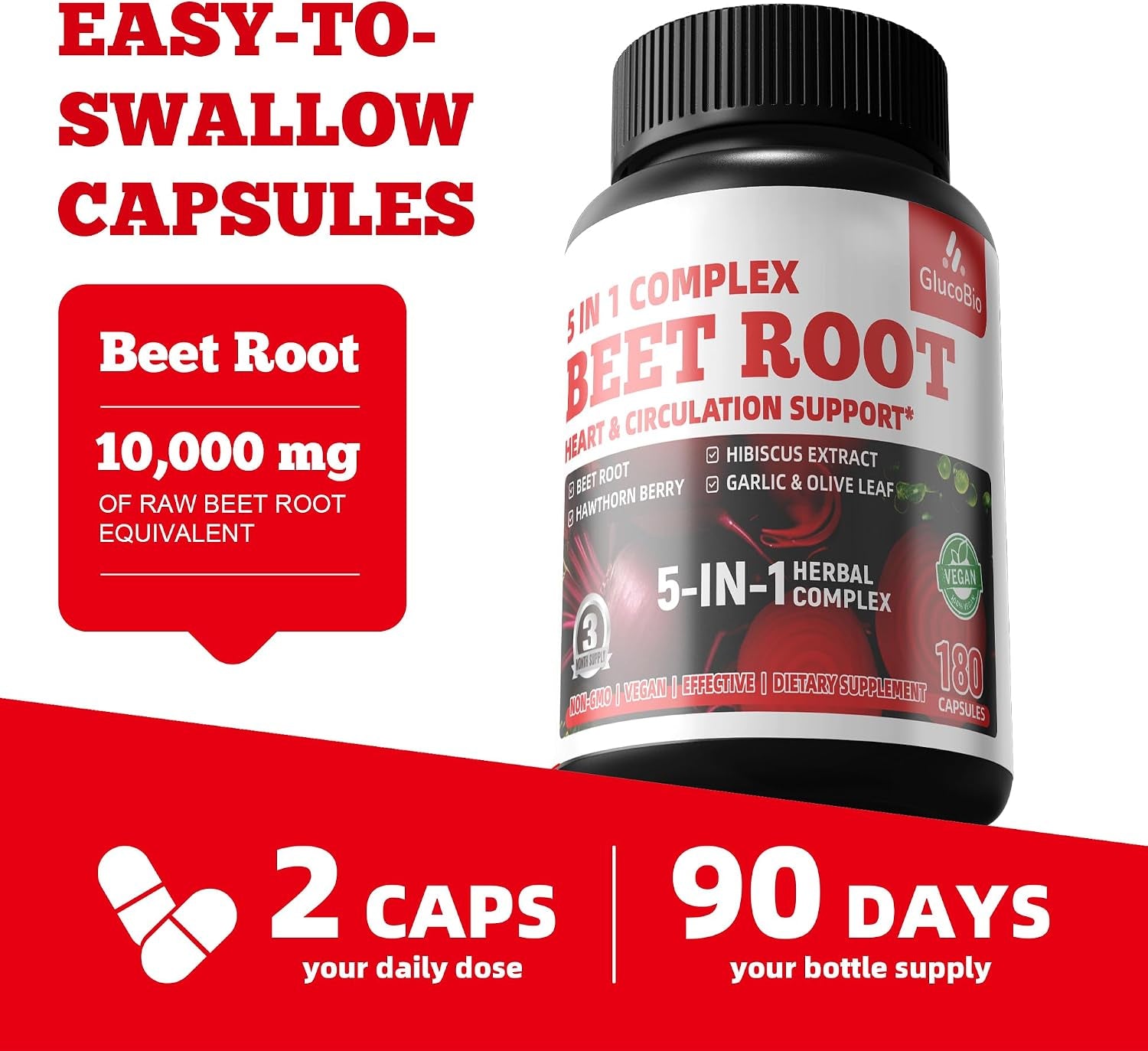 Beet Root Capsules - Super Beets Supplements from Fresh Beetroot Extract for Nitric Oxide, Blood Pressure & Heart Health Support- 180 Capsules